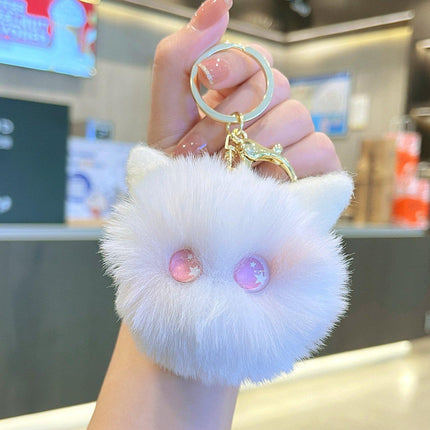 Plush Kitten Head Cartoon Keychain Rabbit Hair Pompom Keyring Bag Ornaments Gift - Aimall