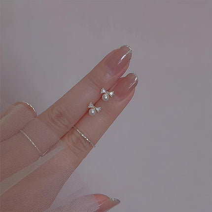 White Zircon Crystal Pearl Bow Tie Stud Earrings Elegant Best Gift for Women - Aimall