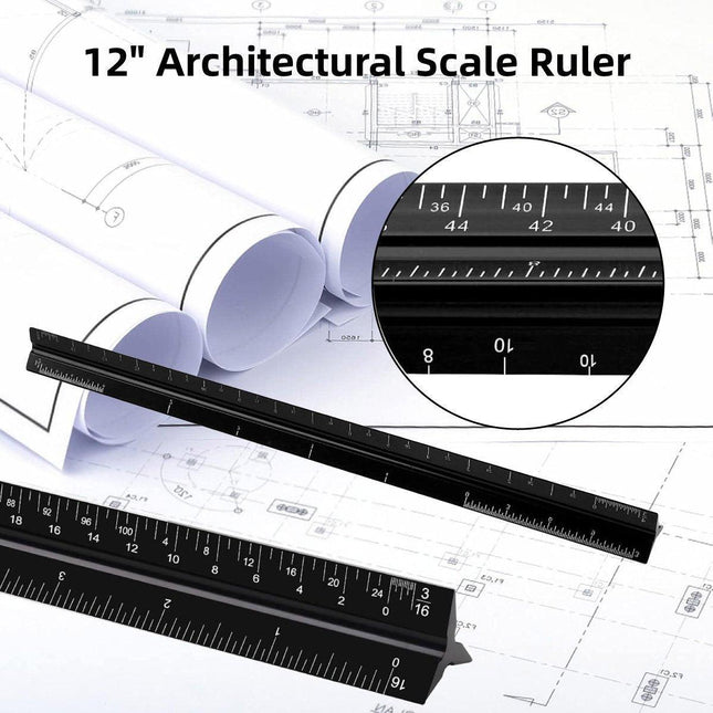 Aluminum Alloy Black Triangular Ruler Imperial Laser Engraved Architect Tool