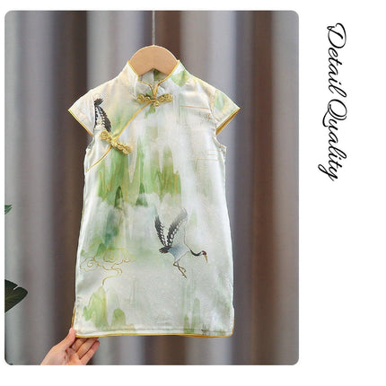 Elegant Floral Traditional Chinese Girl Short-sleeved Cheongsam Dress Outfit