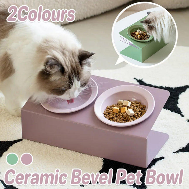 Ceramic Slanted Double Pet Bowl Cat Dog Food Water Bowl Non-Slip Feeding Dish