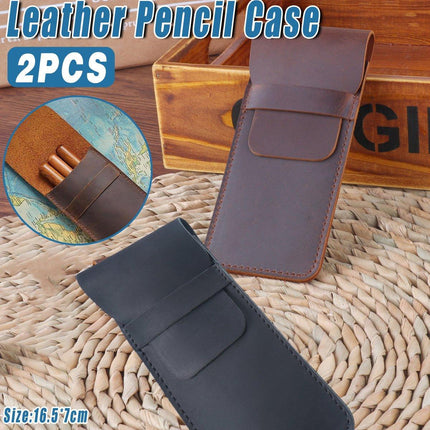 2PCS Vintage Handmade Genuine Leather Pencil Case Set Cowhide Protective Holder