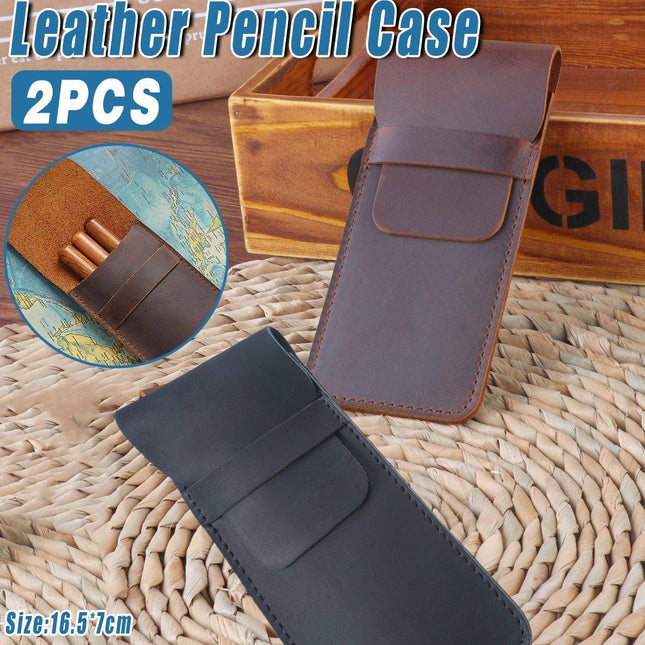 2PCS Vintage Handmade Genuine Leather Pencil Case Set Cowhide Protective Holder
