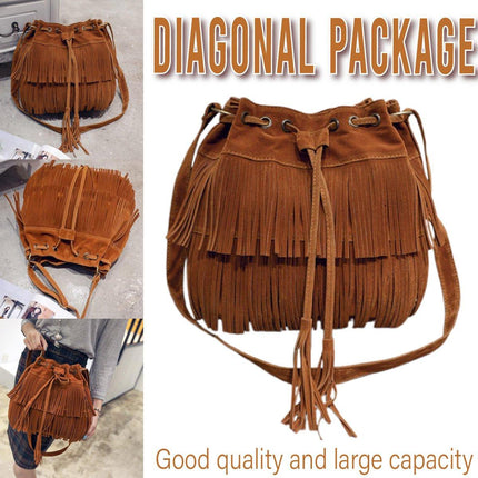 Brown Soft Velvet Tassel Womens Drawstring Shoulder Crossbody Bag for Fashion
