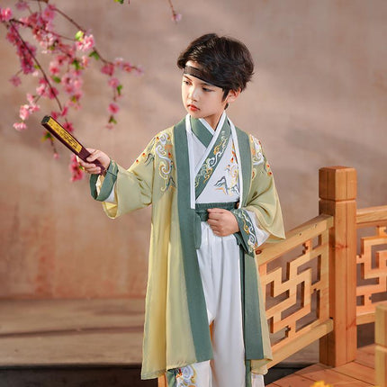Kids Boys Hanfu Suit Top and Pants Embroidered Lace Up Bag Tassel Chinese Style - Aimall