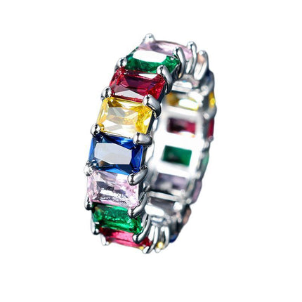 Rainbow Zircon Gemstone Ring Women's Stainless Steel Colourful Ring Size 6-10 - Aimall