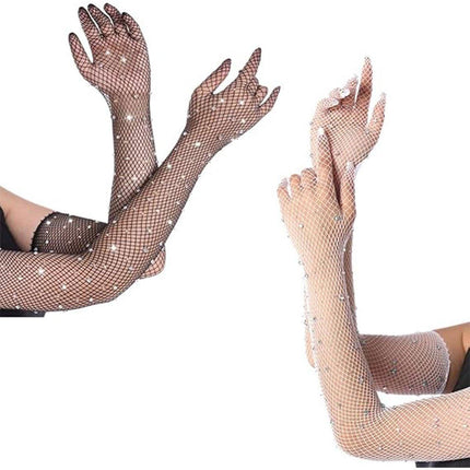8 Pairs Black White Fishnet Gloves Long Sleeve Rhinestone Party Clubwear