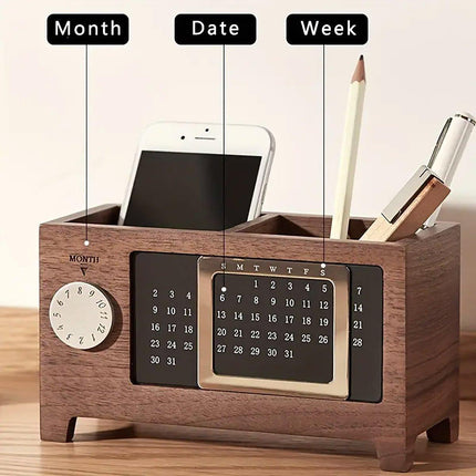 Black Walnut Wood Perpetual Calendar Pen Holder Desktop Organizer Office Storage