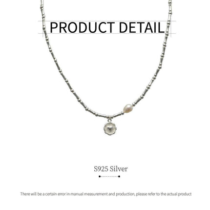 Handmade S925 Silver Bamboo Link Medallion Pearl Pendant Necklace INS Style Jewelry