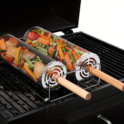 2PCS Rolling BBQ Cage Rotisserie Basket Tube Grill BBQ Cooking Accessories