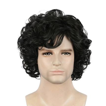 Mens Short Curly Hair Wig Black Natural Looking Hairpiece for Daily Costume Use