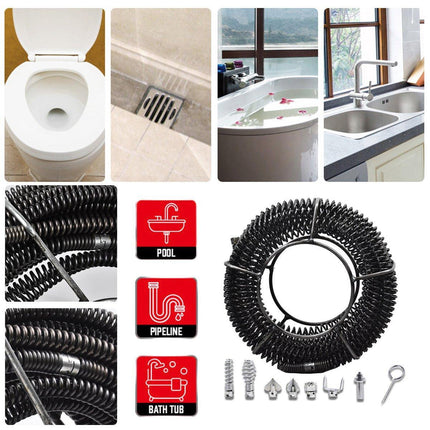 12M Plumber Drain Snake Pipe Cleaner with 6 Drill Bits Black Pipeline Sewer Tool
