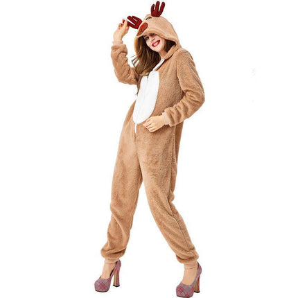 Christmas Reindeer Onesie Adult Khaki Cosplay Pajamas Comfy Animal Costume - Aimall