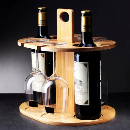 Wooden Wine Rack Free Standing 2Bottles with 4Glasses Holder Bamboo Wine Storage