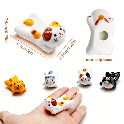 5PCS Cute Kitten Ceramic Chopstick Holder Set Cat Chopsticks Rack Pen Rest Craft