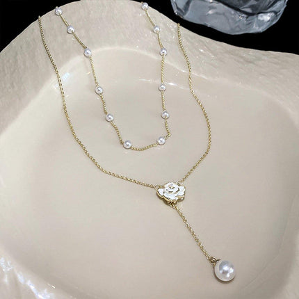 Gold Pearl Camellia Long Tassel Necklace Elegant Airy Jewelry for Women Gift