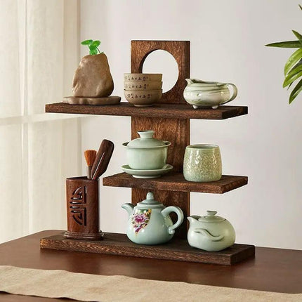Wooden Desktop Tea Set Rack Display Stand Organizer Storage Shelf for Teaware