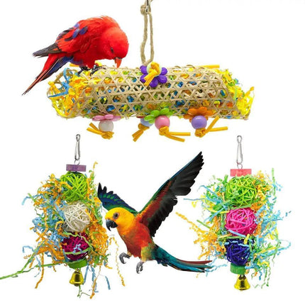3PCS Bird Parrot Shredding Toys Chewing Foraging Hanging Cage Shredder Bell Toys - Aimall