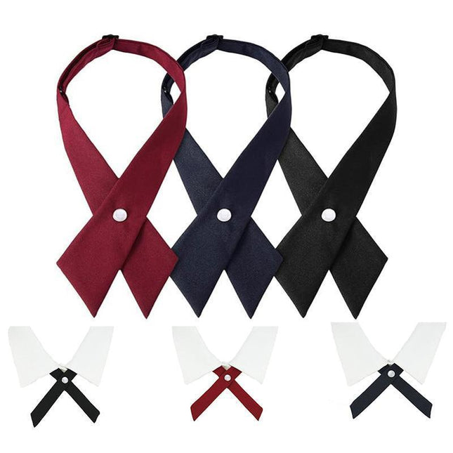Large Women Criss-Cross Bow Tie School Girl Uniform Solid Adjustable Pre Tied Necktie - Aimall