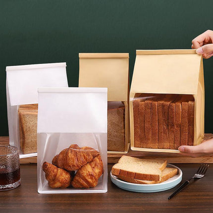 100x Kraft Paper Flat Bottom Cake Packaging Toast Bread Bags With Window Cowhide - Aimall