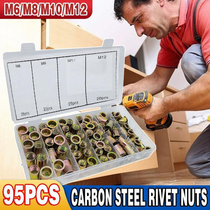 95PCS Carbon Steel Rivet Nuts Flange Blind Nutserts M6 - M12 Rivnut Kit - Aimall