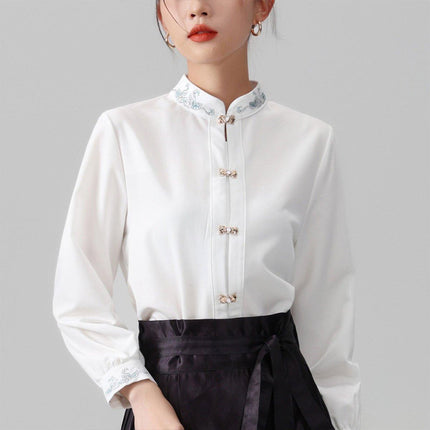 Chinese Style Women Autumn Standing Collar White Shirt Fashion Inner Tops