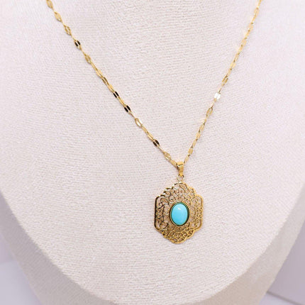 Natural Blue Stone Pendant Necklace Vintage Carved Geometric Jewelry Gift