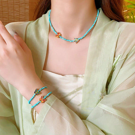 New Chinese Turquoise Butterfly Beaded Necklace and Bracelet Set Women