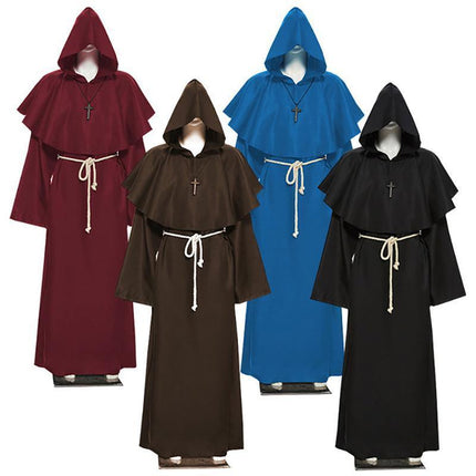 Medieval Friar Hooded Robe Monk Cross Necklace Renaissance Cosplay Costume AU - Aimall