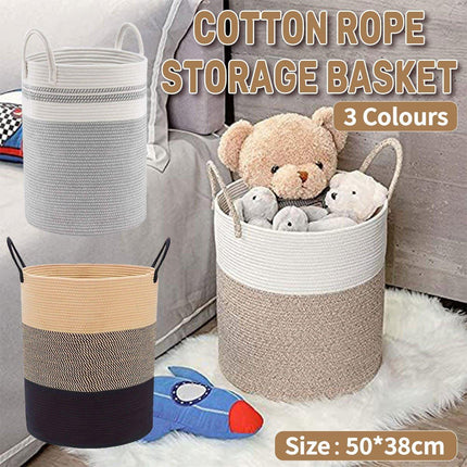 Woven Cotton Rope Storage Basket Foldable Laundry Bin Bamboo Clothes Organizer