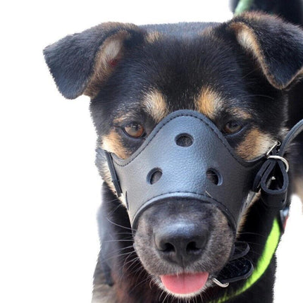 Adjustable Leather Pet Dog Mask Mouth Muzzle Anti Barking Bite Stop Chewing Black - Aimall