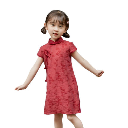 Summer Cotton Cheongsam Dress Girls Retro Solid Color Fashion Solid Color Dress - Aimall
