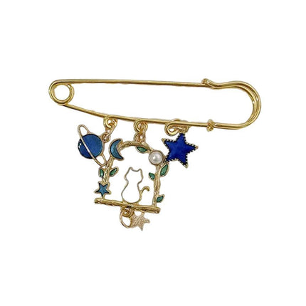 Cartoon Metal Brooch Cute Cat Swinging With Planet Moon Pendant Brooch Pin - Aimall
