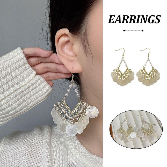 Shell Tassel Earrings Court Style Geometric Scalloped Design Fashion Jewelry