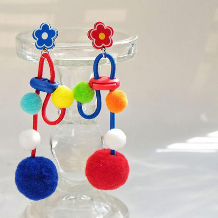 Colour Matching Hairball Earrings Long Fringe Bohemian Style Statement Jewelry