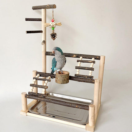 Wooden Parrot Stand Pole Interactive Bird Stand with Food Bowl Climbing Ladder