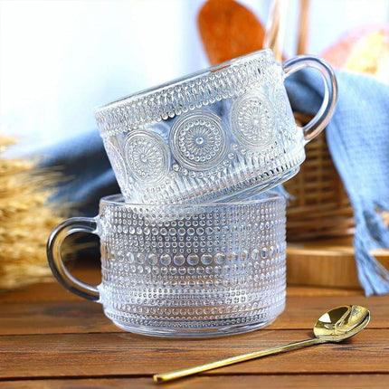 4PCS Vintage 14oz Embossed Glass Coffee Cups with Bamboo Lid and Spoon for Tea Milk