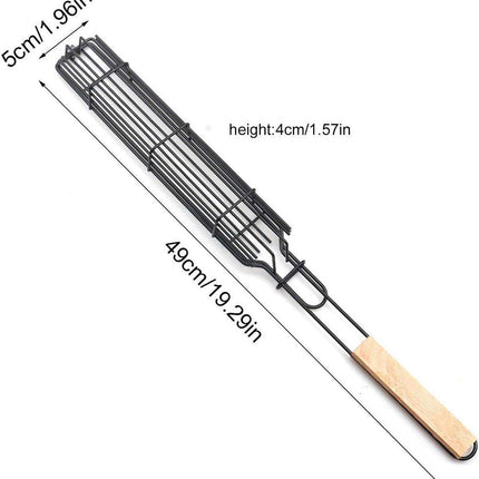 4PCS Outdoor BBQ Grill Basket Wooden Handle Sausage Hot Dog Corn Grilling Net