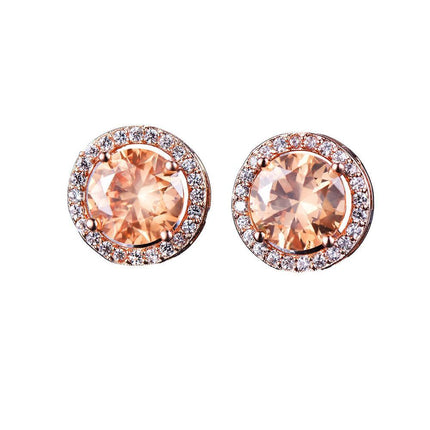 Red Garnet Diamond Halo Round Stud Earring Push Back Rose Gold Plated Women Gift - Aimall