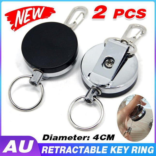 2 Recoil Key Ring Retractable Chain ID Pull Holder Reel Belt Clip Extend Keyring - Aimall