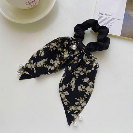 Vintage Boho Silk Bowknot Flower Hair Scrunchies Women Hair Bands Rope Pearl - Aimall