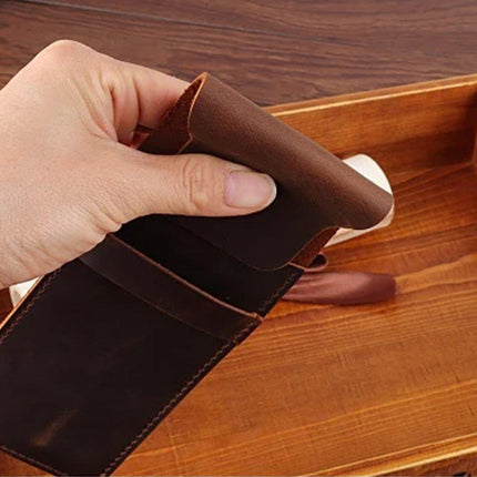 2PCS Vintage Handmade Genuine Leather Pencil Case Set Cowhide Protective Holder