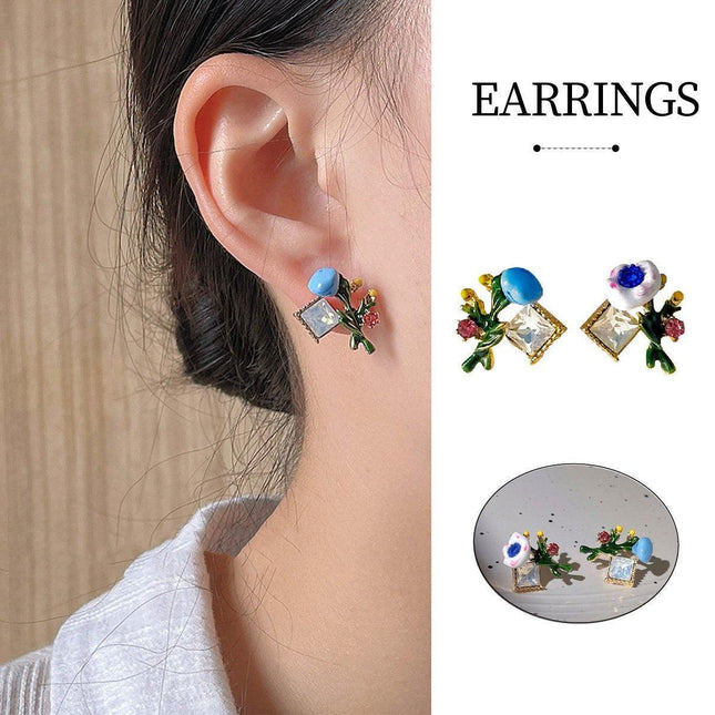 Asymmetric Enamel Flower Earrings for Women Sweet Jewelry Trendy Accessories