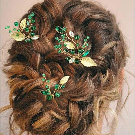 Wedding Bridal U Shaped Hairpins Emerald Green Leaf Bun Clips Women Rhinestone