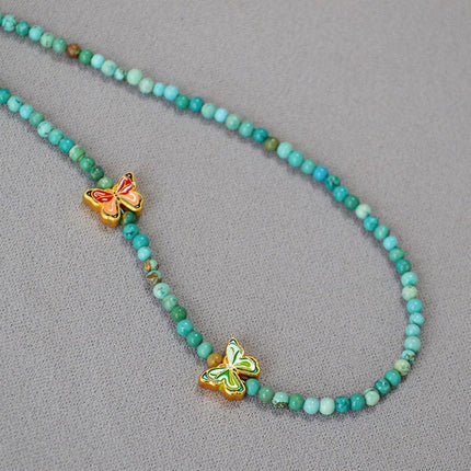 New Chinese Turquoise Butterfly Beaded Necklace and Bracelet Set Women