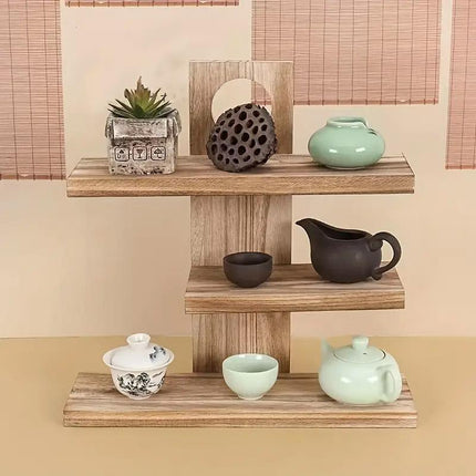 Wooden Desktop Tea Set Rack Display Stand Organizer Storage Shelf for Teaware