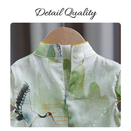 Elegant Floral Traditional Chinese Girl Short-sleeved Cheongsam Dress Outfit