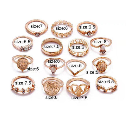 Gold Hollow Stackable Joint Ring Set 15 PCS Various Styles Versatile Womens - Aimall