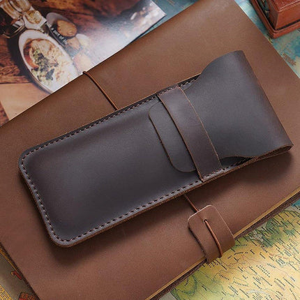 2PCS Vintage Handmade Genuine Leather Pencil Case Set Cowhide Protective Holder