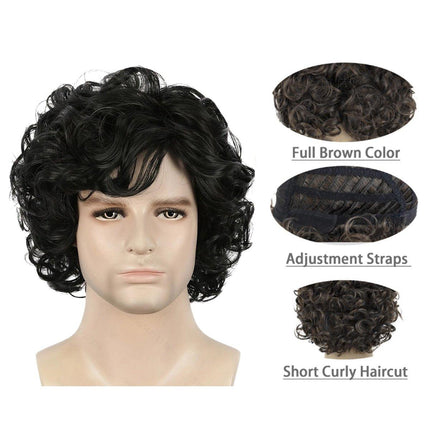 Mens Short Curly Hair Wig Black Natural Looking Hairpiece for Daily Costume Use